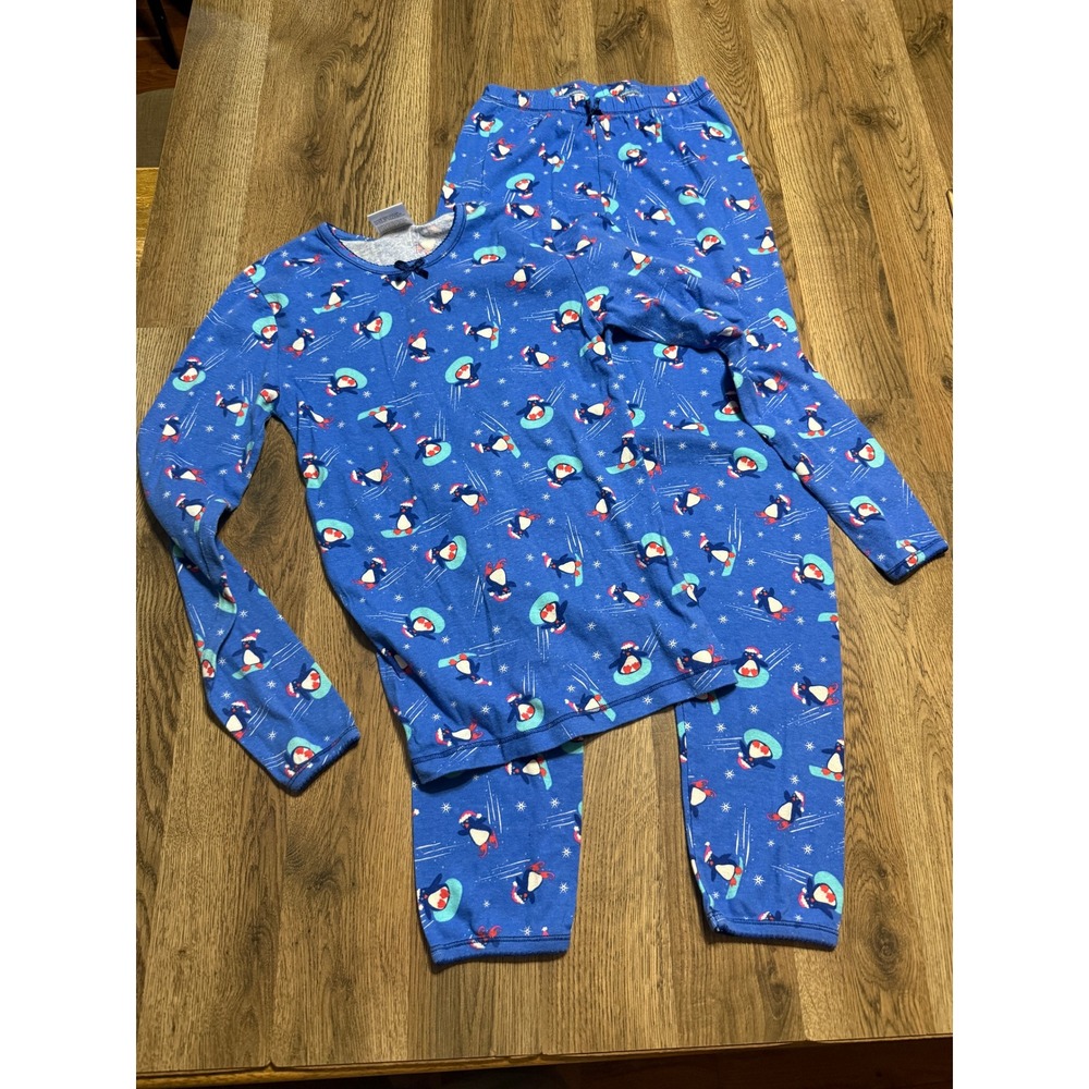 Cuddl Johns Pajama Set Women Size Small Blue Long Sleeve Snowboarding Penguin